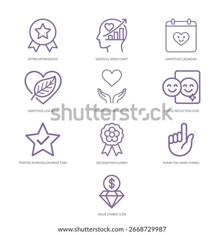 Icons showing thankfulness, acknowledgment, and recognizing good in life or others.
