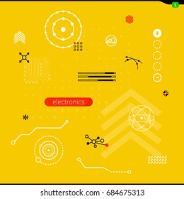 Icons, signs of electronics, software development, hardware business, connection, infographics. Background, design with technology elements. Illustration with thin line. Banner for web, apps. 