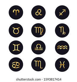 Icons Signs of the zodiac for the astrological horoscope. Gold on a dark background. Stock vector graphics