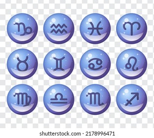 Die Symbole der Zeichen des Zodiaks sind runde, volumetrische Tasten der blauen Farbe des Himmels mit Sternen. Astrologie, Weltraum, Horoskop. Einzige Vektorgrafik auf transparentem Hintergrund