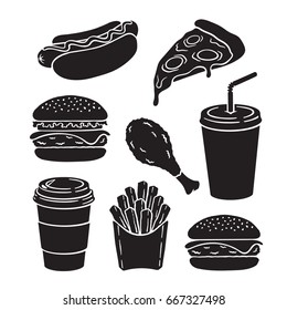 Icons silhouettes of hamburger, cheeseburger, hot dog, slice of pizza, deep-fried chicken leg, french fries, paper cup with soda and coffee. Vector illustration set. Fast food for menus, showcases