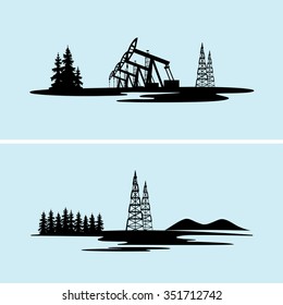 icons silhouettes of oil and gas rigs in the natural environment