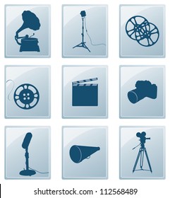 Icons with silhouettes of retro gramophone, reflector, film, camera, microphone, megaphone...