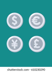 Icons of silver coins with images of currencies of different countries: a coin with a dollar sign; coin with euro sign; coin with the pound sterling; coin with the image of the Japanese Yen.