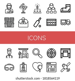 icons simple icons set. Contains such icons as Fisherman, Hotel, Turbine, Contact us, Share, Cricket, Server, Bracelet, Snow boots, Crane truck, can be used for web, mobile and logo