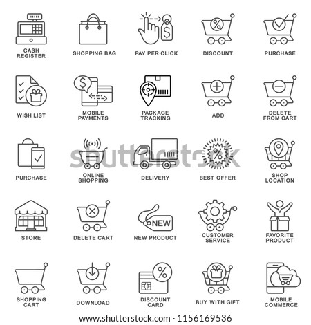 Icons for the site of the online store. The thin contour lines with color fills.