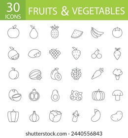 Icons for the site vegetables and fruits colored lines 30 icons illustration