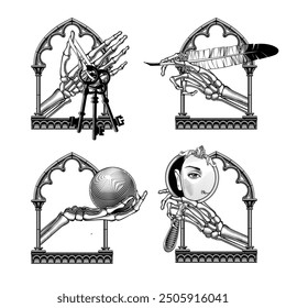 Icons of skeleton hands in a gothic window frame holding a bunch of keys, a bird's pen, an iron ball and a round mirror with a reflection of a woman's face. Vector illustration in engraving style