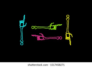 Icons of skeleton and monster hand pointing finger in simple style and bright colors.