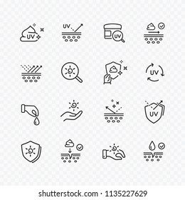 Icons of skin care isolated on transparent background. Vector sun lotion, cream symbols set. Sunscreen and uv protect line stroke icons.