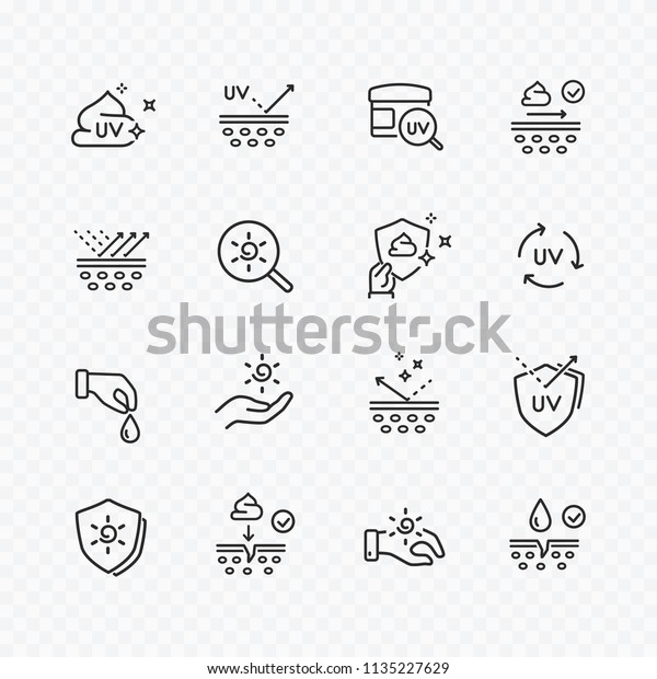 Icons of skin care isolated on transparent\
background. Vector sun lotion, cream symbols set. Sunscreen and uv\
protect line stroke\
icons.