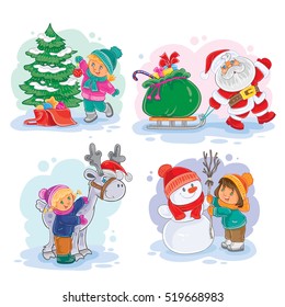 Icons small children decorate the Christmas tree, making a snowman