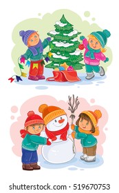 Icons small children decorate the Christmas tree, making a snowman
