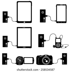 Icons smart phone, tablet, e-book, player, camera and camcorder charged by an external battery (power bank)