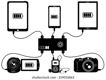 Icons smart phone, tablet, e-book, player, camera and camcorder charged by an external battery (power bank)