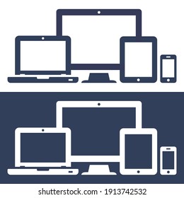 Icons smart phone, tablet, laptop and desktop computer isolated on white and dark background. Vector illustration of responsive web design.