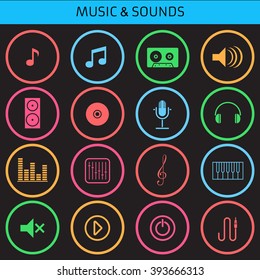 Icons for smart watch. Web icons set for music and applications. Flat design.