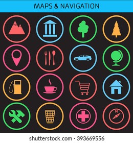 Icons for smart watch. Web icons set for navigation and travel. Flat design.