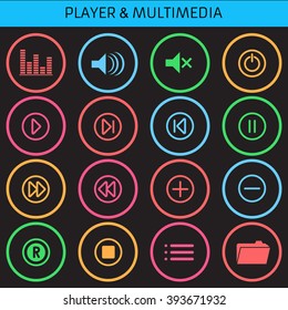 Icons for smart watch. Web icons set Media Player. Multimedia. Isolated. Vector Illustration. Design flat.