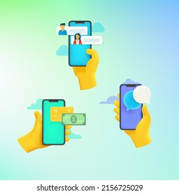 Icons with smartphone. Messaging, Commerce, chat. Comic 3d style vector illustration