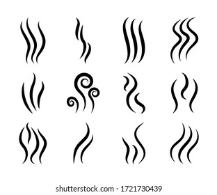 Icons of smoke. Chimney, steam, smell, aroma logos. Heat, fume, odor from grill and cooking. Odour of coffee. Perfume scent in air. Graphic swirls. Waves of emission smog, gas in line style. Vector.