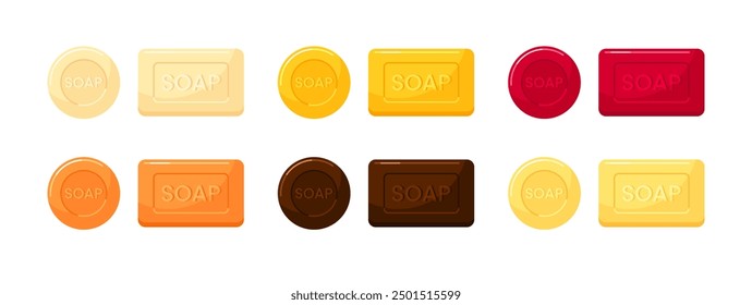 Icons of soap bars, aromatic organic cosmetics with natural ingredients for skin care, spa treatments and washing hands. Set of vector flat cartoon illustrations isolated on white background