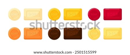 Icons of soap bars, aromatic organic cosmetics with natural ingredients for skin care, spa treatments and washing hands. Set of vector flat cartoon illustrations isolated on white background