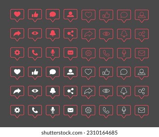 Icons social media interface - like, comment, follower, feedback, share. Social networking notification buttons shape.