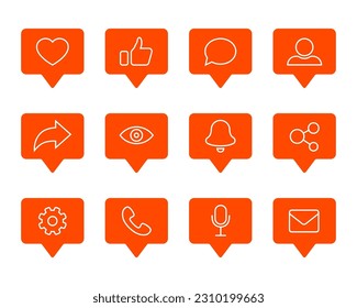 Icons social media interface - like, comment, follower, feedback, share. Social networking notification buttons shape.