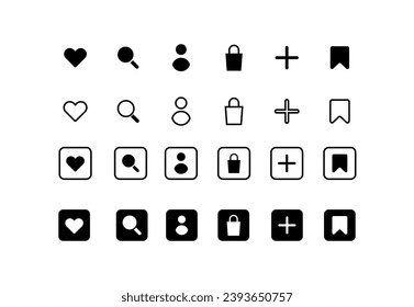 Iconos para el diseño de redes sociales. Lineal, corazón, lupa, persona, bolso, más, botones de iconos de pin, diseño de interfaz de usuario de medios sociales. Iconos del vector