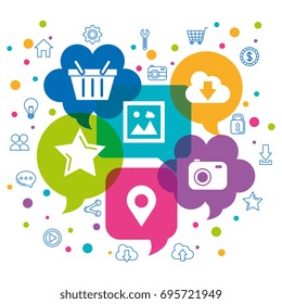 icons of social network speech bubbles over white background