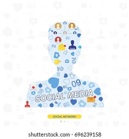 Icons of social networks and symbols of notifications on the background of the silhouette of the avatar. Flat vector illustration EPS 10