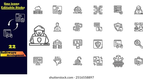 Icons for software development. A set of stroke line icons featuring premium quality and minimalist design with thin lines.