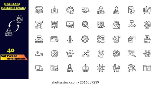 Icons for software development. A set of stroke line icons featuring premium quality and minimalist design with thin lines.