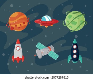 icons space rockets and planets