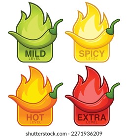 Icons of spicy food level, mild,hot,spicy,extra,soft, medium and very hot pepper sauce with fire flame. Hot pepper sign vector cartoon illustration symbol.