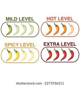 Icons of spicy food level, mild,hot,spicy,extra,soft, medium and very hot pepper sauce with fire flame. Hot pepper sign vector cartoon illustration symbol.