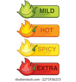 Icons of spicy food level, mild,hot,spicy,extra,soft, medium and very hot pepper sauce with fire flame. Hot pepper sign vector cartoon illustration symbol.