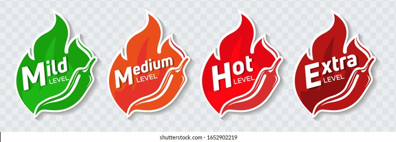 Icons of spicy food level, soft, medium and very hot pepper sauce with fire flame. Hot pepper sign
