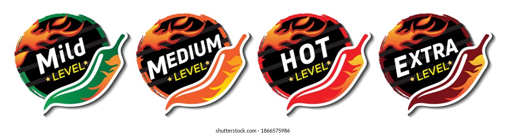 Icons of spicy food level, soft, medium and very hot pepper sauce with fire flame. Hot pepper sign

