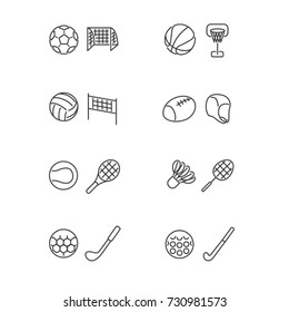 Icons of sport with balls and accessories in line style / There are football, basketball, volleyball, rugby, tennis, badminton, golf and field hockey
