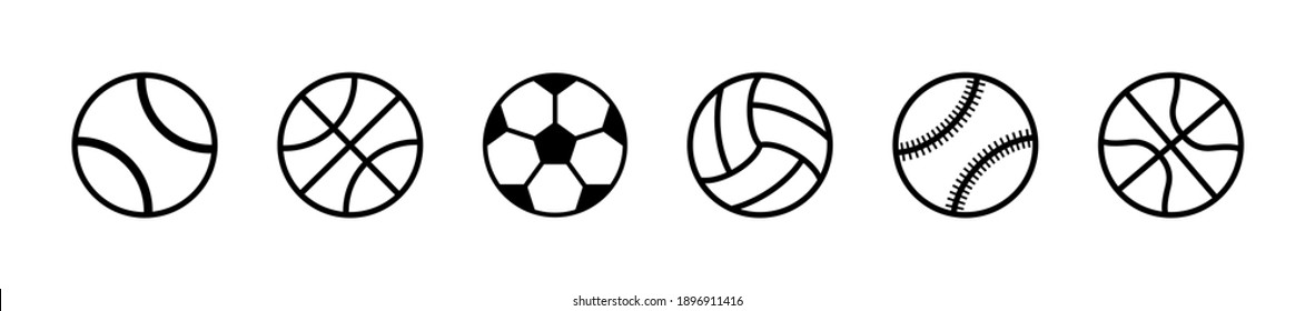 Icons of sport balls. Balls for tennis, soccer, basketball, volleyball, football, baseball, rugby and handball. Black outline icons isolated on white background. Simple design for sport games. Vector.