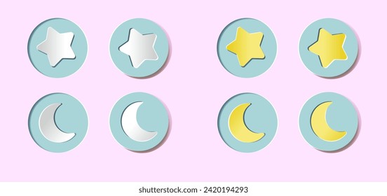 Icons with a star and a moon. Round buttons with embossing. Buttons can be convex and concave. A collection of realistic 3D icons.  Paper cutting and crafting style.
