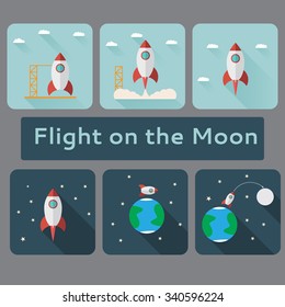 Icons with start of a space rocket.Launch of the Spaceship. Flight to the moon. A design concept for the websites. In flat a vector.Planet Earth and moon  satellite orbit e and stars.

