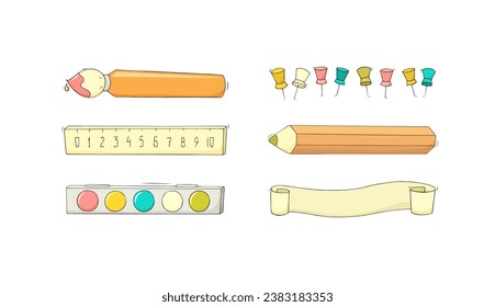 Icons of stationery for office and study in school. Cute objects- pencil, ruler, paints, brush. Cartoon symbols of education supplies, vector hand drawn illustration