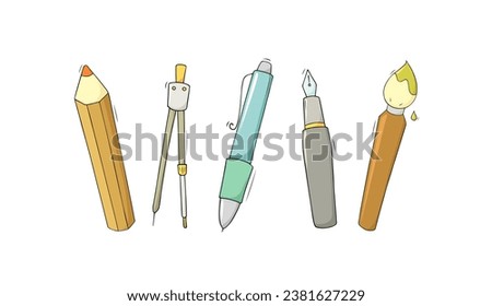 Icons of stationery for office and study in school. Pencil, pen, paints, brush and compass. Cartoon symbols of education supplies, vector hand drawn illustration