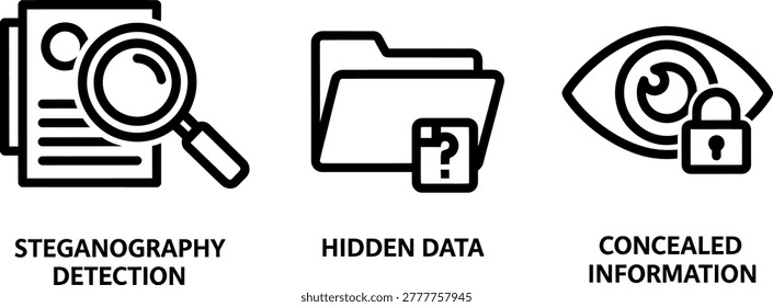 Icons for steganography detection hidden data concealed information concepts steganography detection concealed information security discover document magnifying question technology