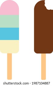 Icons with stick ice cream. Sundae logo with black chocolate.Fruit ice cream icon. Sweet frozen dessert. Various types of color ice cream. Sundae colorful logo. 