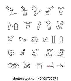 Icons of stick package bag set with samples, preparation instructions. Vector elements for infographics. Set of sign for detailed guideline. Ready for your design. EPS10