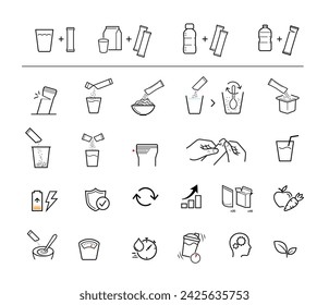 Icons of stick package bag set with samples, preparation instructions. Vector elements for infographics. Set of sign for detailed guideline. Ready for your design. EPS10.